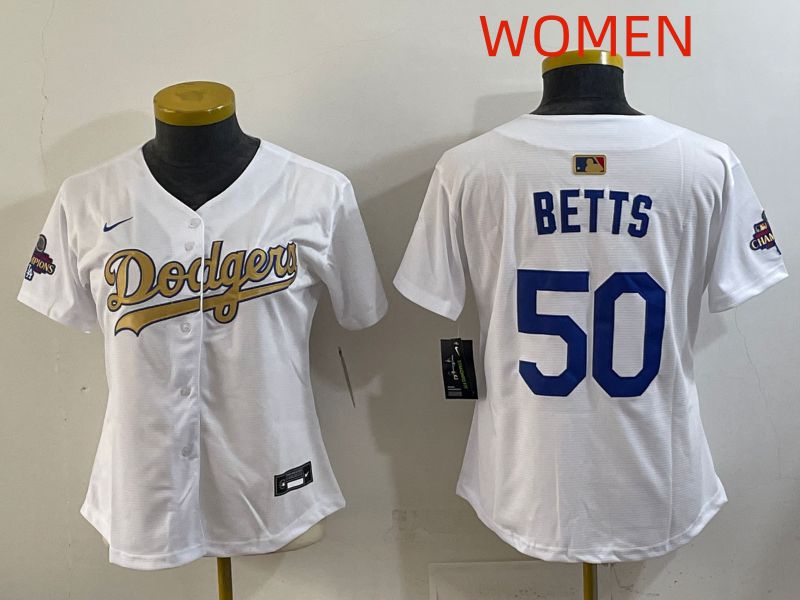 Women Los Angeles Dodgers #50 Betts White Champion edition Nike MLB Jersey style 001